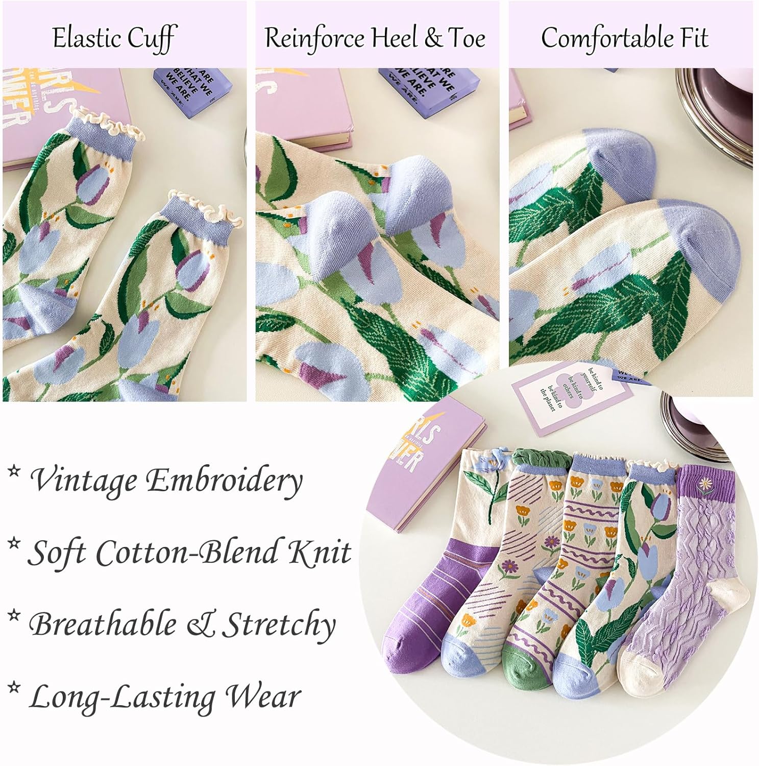 5 Pairs Womens Floral Cotton Crew Socks, Cute Vintage Cottagecore, Teens & Girls Breathable Cozy Casual Socks - Image 6