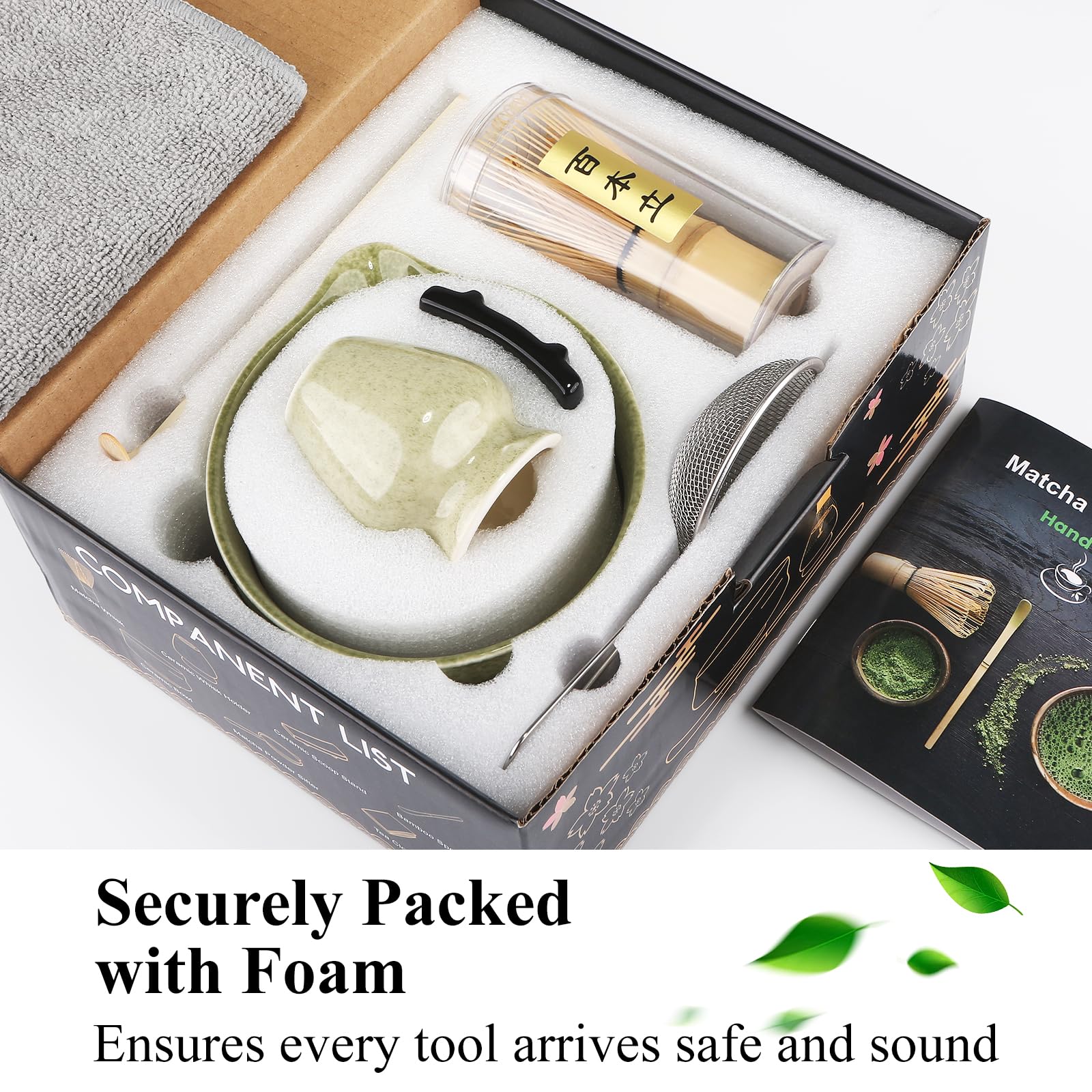 Matcha Set, 7 Teiliges Premium MatchaTea Sets mit Matcha Schale, Bambusbesen und Matcha-Löffel Filterlöffel, Matcha-Besenständer, Japanische Matcha-Tee-Set, Grün gesprenkelt