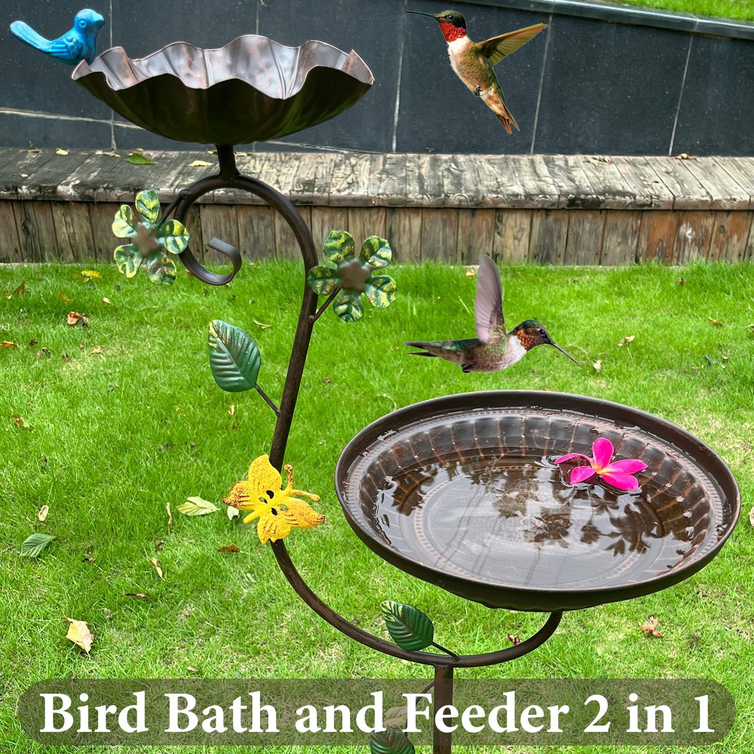 Vogeltränke aus Metall für den Außenbereich, 111,8 cm Höhe, Gusseisen, Podest, Vogeltränke und Futterspender, Vintage, robuste, robuste Vogeltränke, hohe Florale Akzente, Vogeltränke für