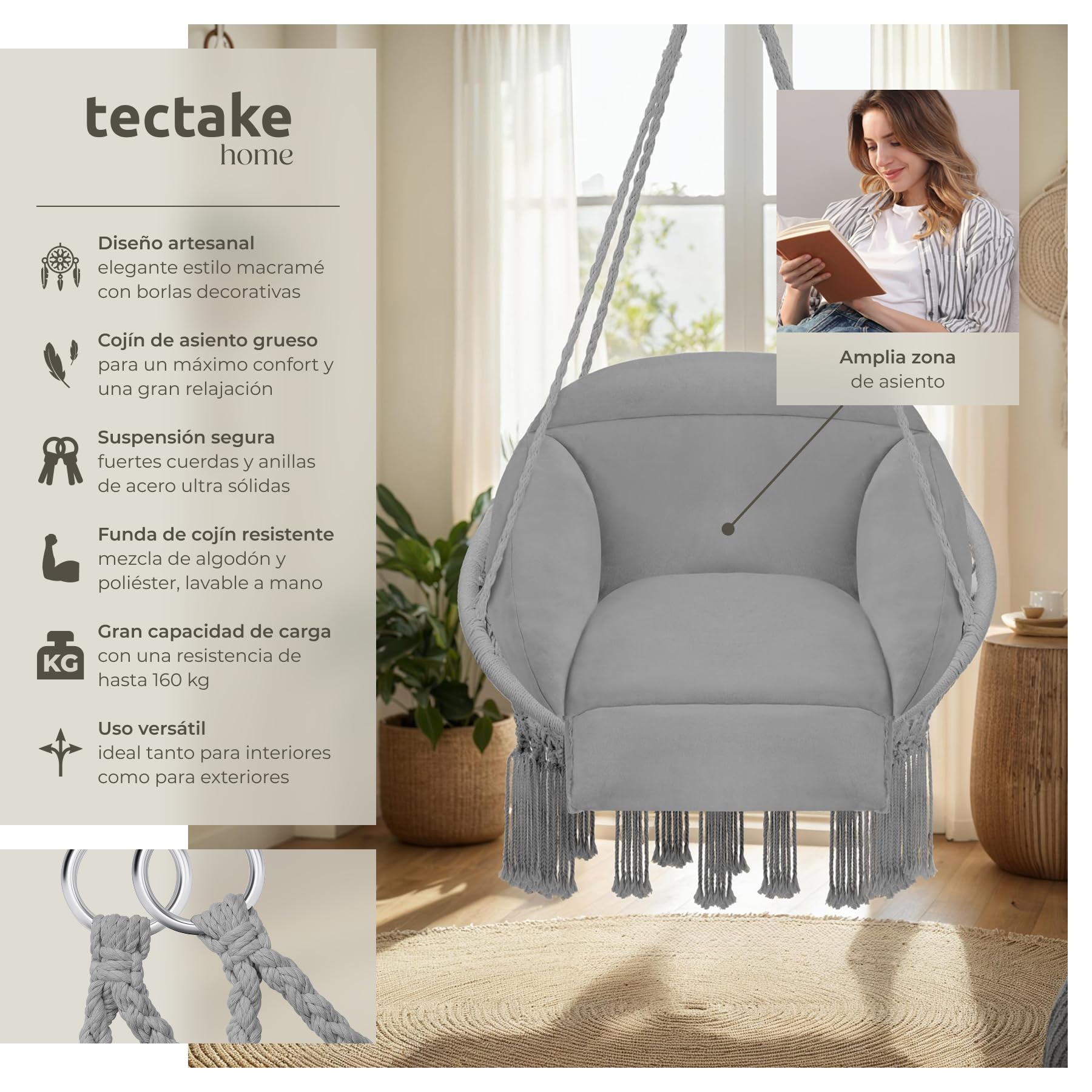 tectake® Cesta Colgante de Estilo Boho Ø 80 cm, Cojines Gruesos de 10-12 cm, Sillón Balancín con Robustas Borlas y 2 Anillas de Fijación, para Interior y Exterior, Cap. de Carga: 160 kg - Gris