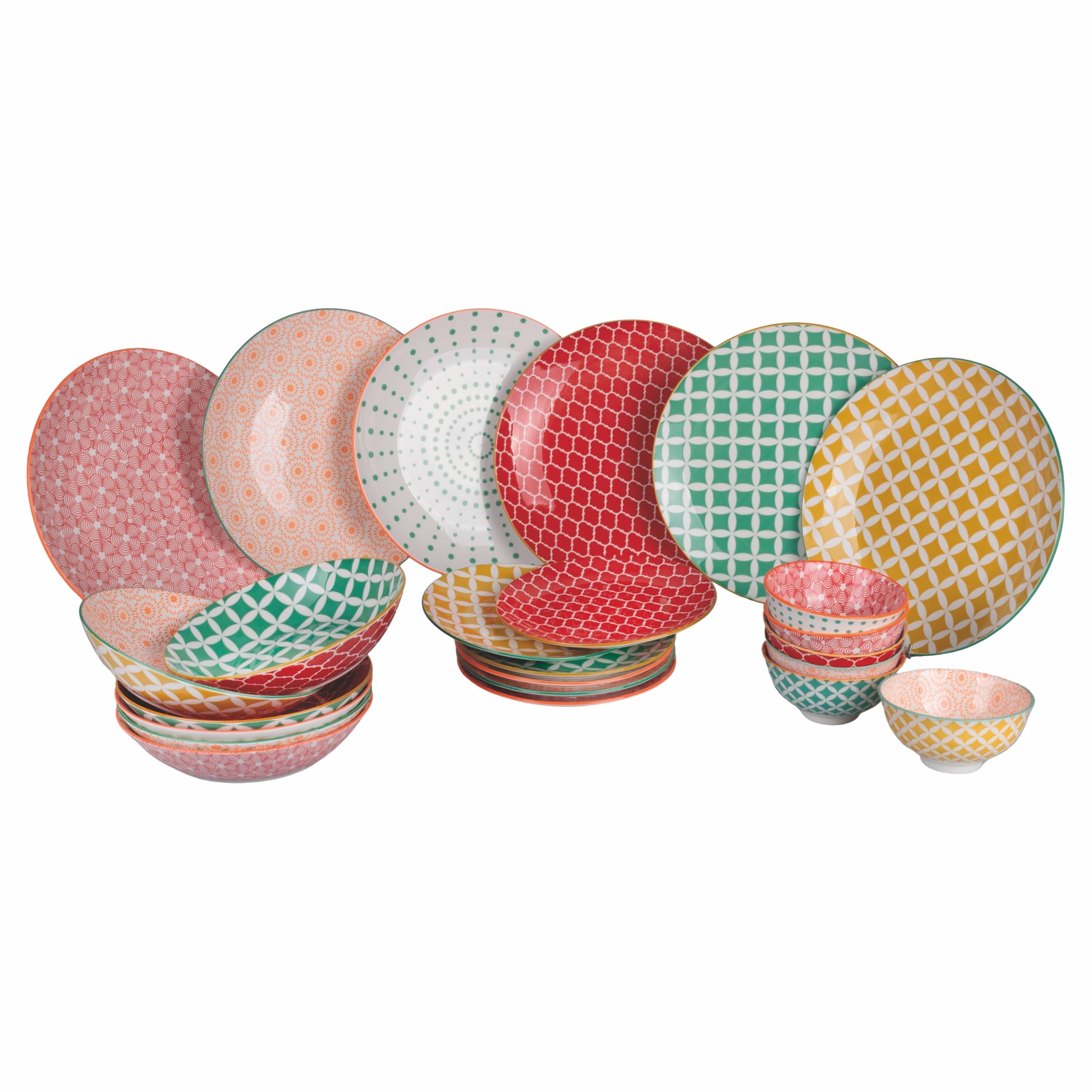 Service d'assiettes 24 pièces en porcelaine, 6 places de table différentes, double décor, confusion in Colors
