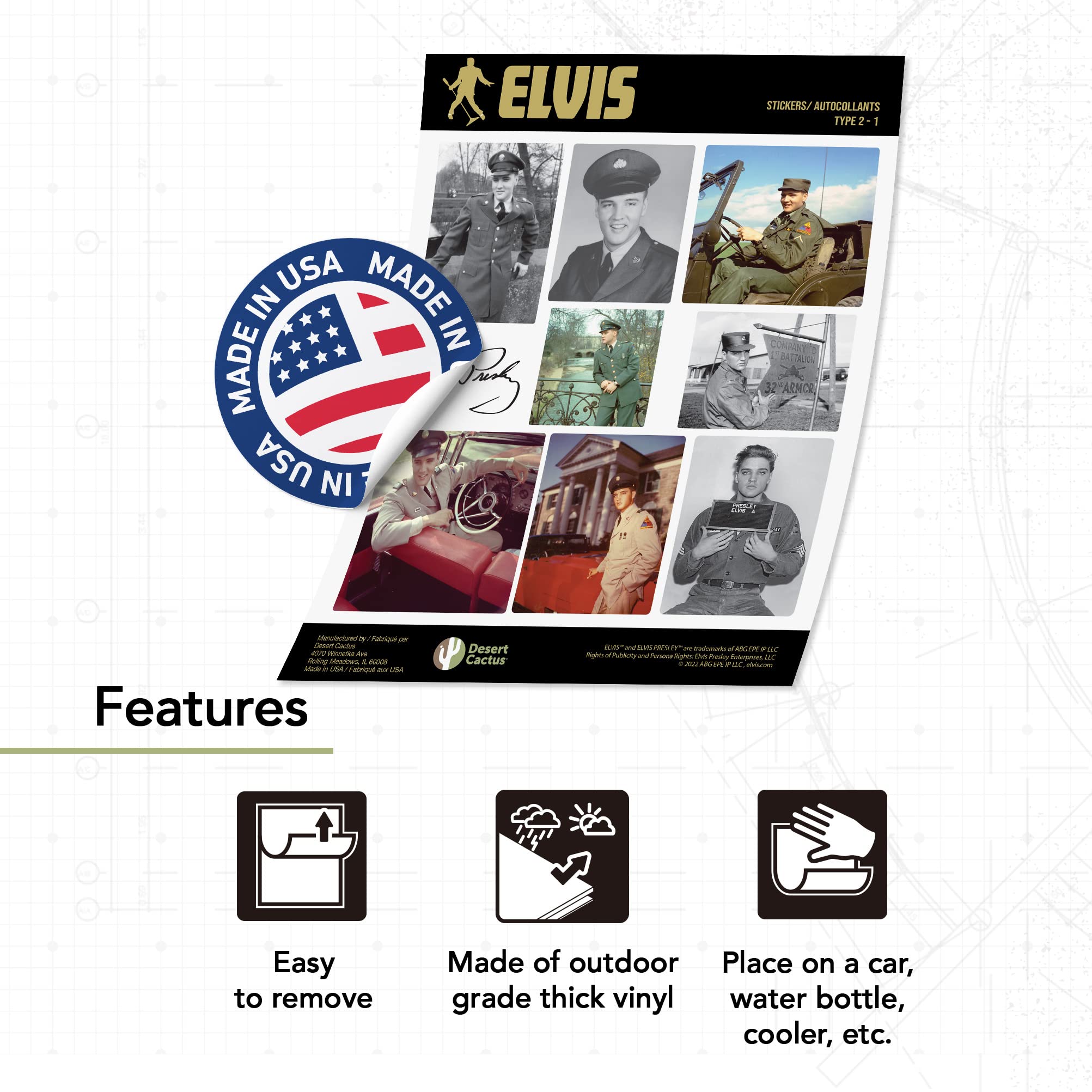 Elvis Presley Desert Cactus Vinyl Stickers - Decal Sheet For Laptop, Car, Water Bottle