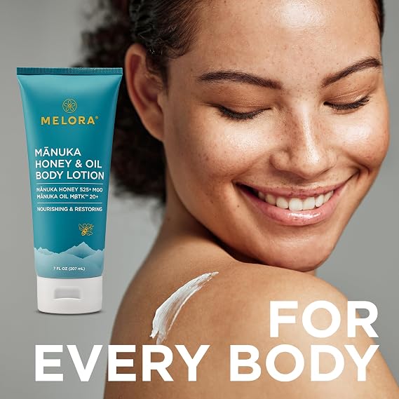 MELORA Manuka Honey Body Lotion (7oz), Moisturizing Lotion with Soothing Manuka Honey & Oil for Dry, Very Dry, Sensitive, or Aging Skin Cream Moisturizer for Women & Men
