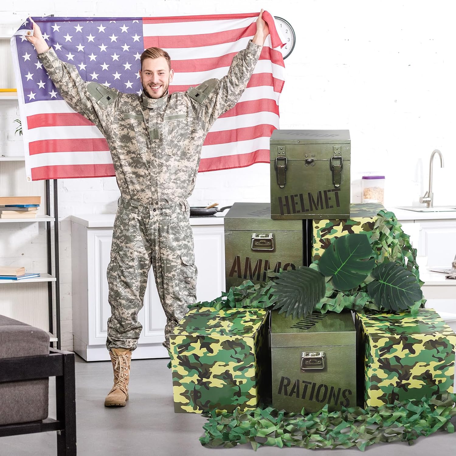 JellyArch 19 Pcs Camo Boxes Decor Army Party Decorations Including Camo Boxes Camo Netting and Palm Leaves for Hunting Military Army Military Enthusiasts Jungle Camo Party Birthday Party Supplies