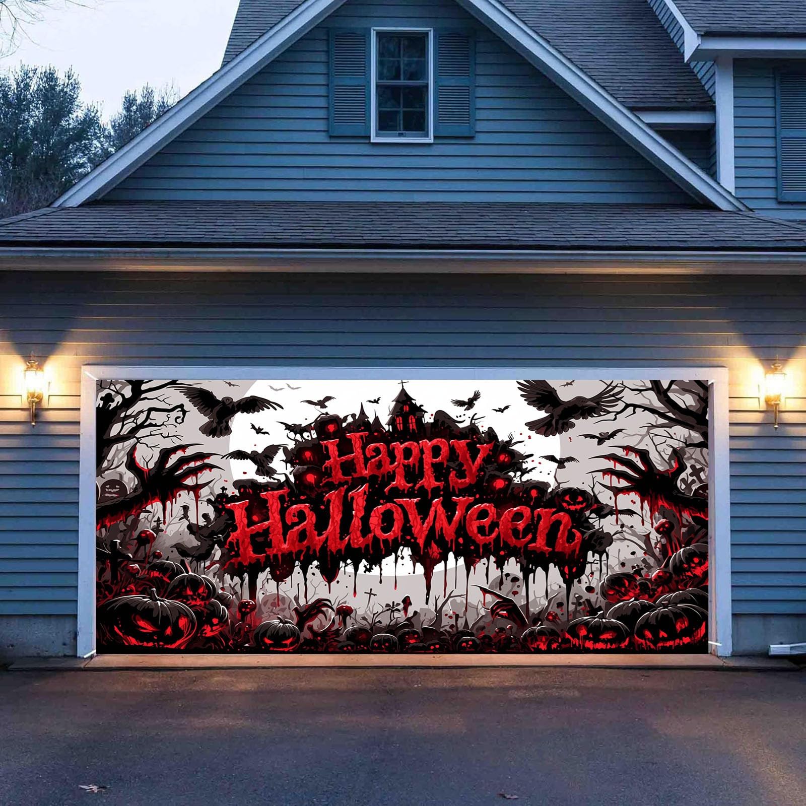 Letrero de Halloween para puerta de garaje, fondo espeluznante que deja una profunda impresión en vecinos y turistas.