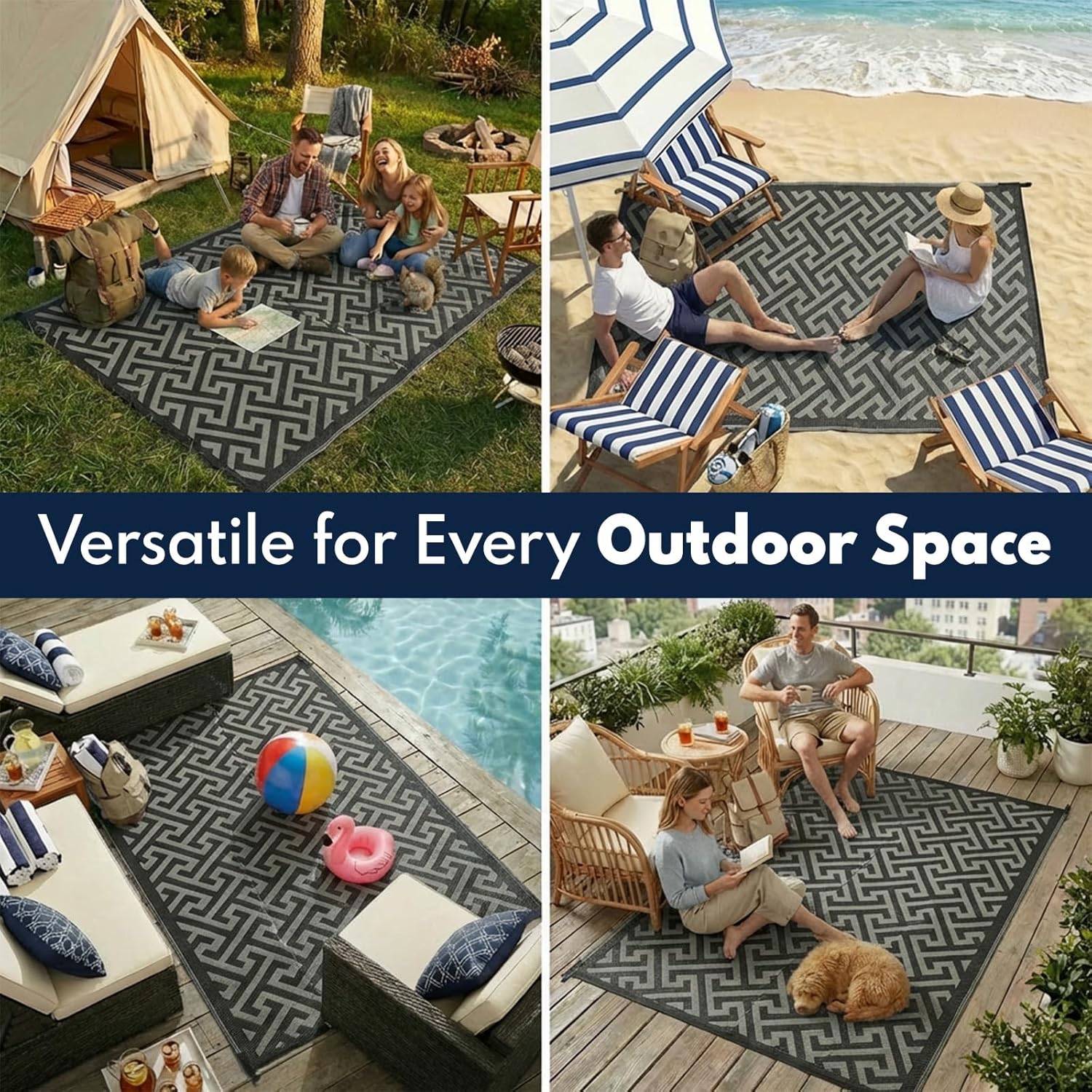 PASAMIC 4x6ft Outdoor Rug Waterproof, Reversible Plastic Straw Outdoor Patio Rug Clearance, Portable Indoor Outdoor Carpet for Patio, RV, Deck, Balcony, Backyard, Picnic, Beach, I-Shaped Black
