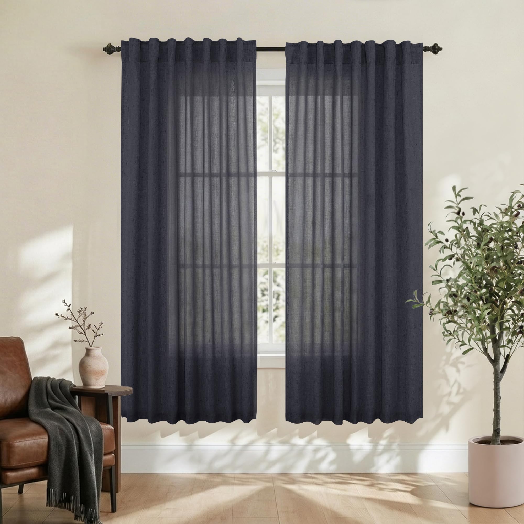 Mrs.Naturall Dark Grey Back Tab Linen Blend Sheer Curtains for Living Room 52x63 Inch Length โ image 1