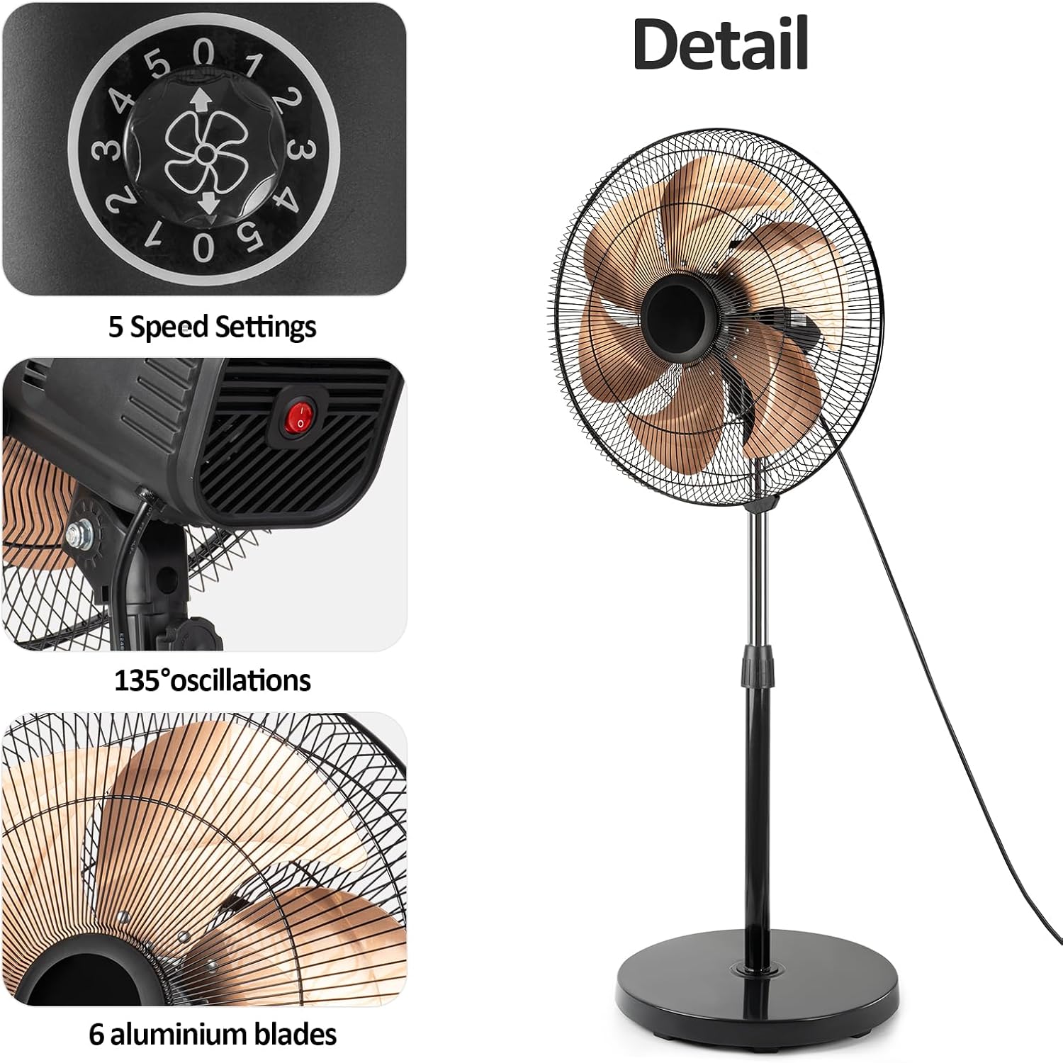 18 Inch Oscillation Pedestal Fan,Industrial Standing Fan with DC Motor,Adjustable Height(47.1"-55.1"),5 Speed,High Velocity Metal Fan for Industrial, Commercial, Residential, Greenhouse,Black