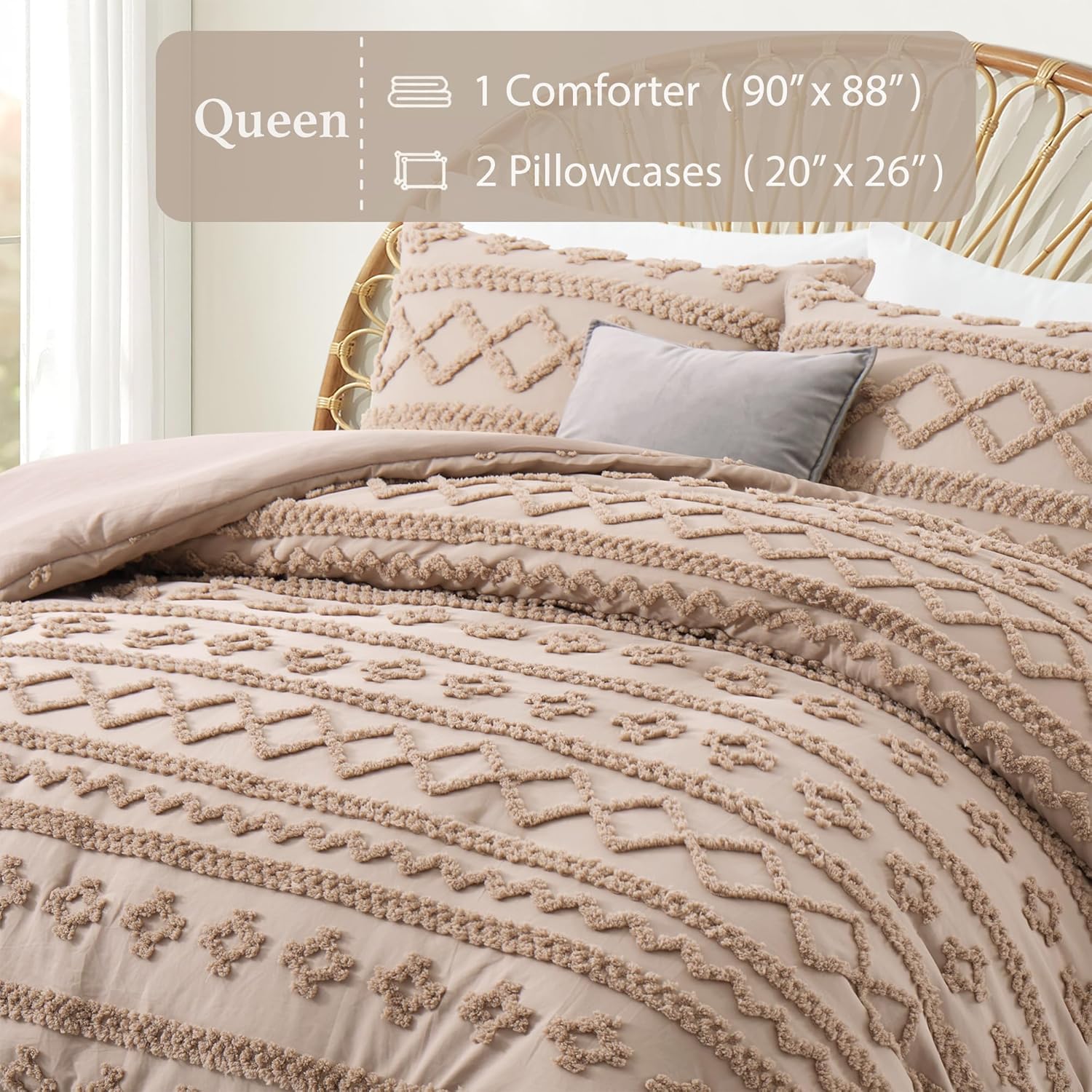 Oli Anderson Khaki Queen Comforter Set Tufted Bedding Set Queen 3 Pieces, Boho Shabby Chic Comforter with 2 Pillowcases (Khaki,Queen) - Image 4