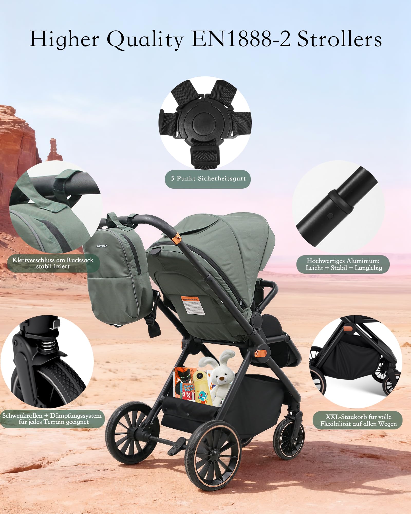 Kinderwagen Buggy 2 in 1 0-48 Monate Aluminiumlegierung Vollfederung 5-Punkt-Sicherheitsgurt Zusammenklappbar Grün