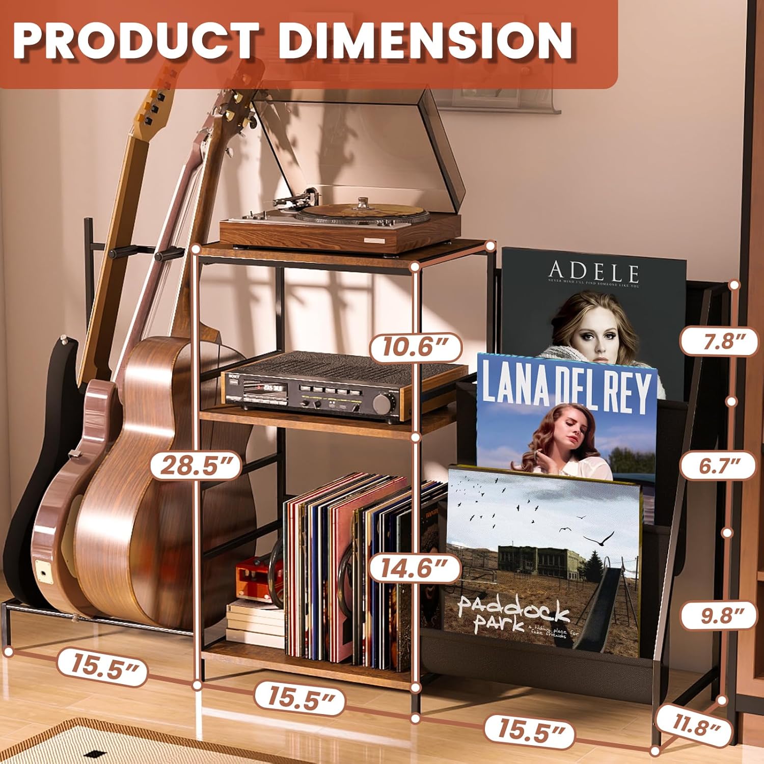 Multi-Guitar Stand & Record Player Stand with Storage Shelf, 3-in-1 Adjustable Black Guitar Rack for Acoustic/Electric Guitars & Bass, Vinyl Record Storage with Display Shelf, for Home Music Studio