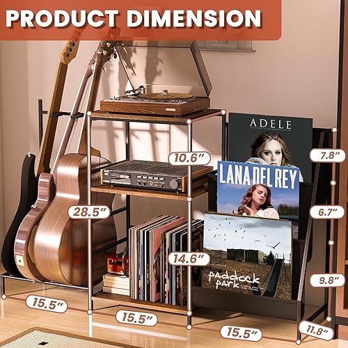 Miniatura 2 de Soporte para múltiples guitarras y tocadiscos con estante de almacenamiento, 3 en 1 ajustable negro para guitarras y bajos acústicoseléctricos,
