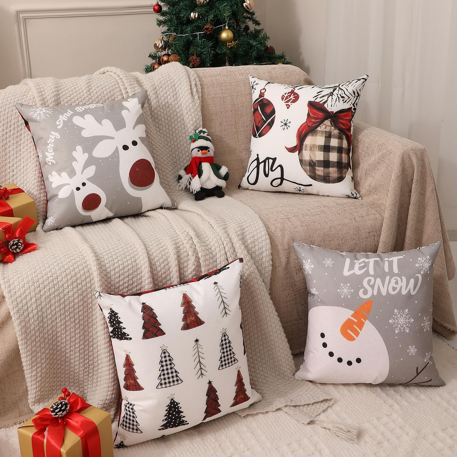 multiwins Double-Sided Print Christmas Pillow Covers 16"x16" Set of 4, 8 Cute Christmas Patterns, Tree, Reindeer, Snowman, Joy, Let It Snow, Believe Etc, Perfect for Home Decor image 4