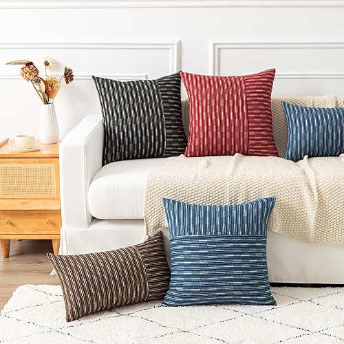 Miniatura 7 de Kevin Textile - Juego de 2 fundas de cojín decorativas de lino a rayas marrón y beige de 20 x 20 pulgadas, fundas de cojín cuadradas modernas para