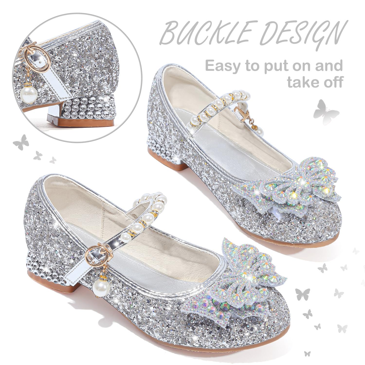 Mädchen Mary Jane Prinzessin Schuhe Ballerinas mit Absatz Glitzer Schuhe Abendschuhe Kinder Cosplay Schuhe Partys Hochzeiten Schulschuhe Silber EU33