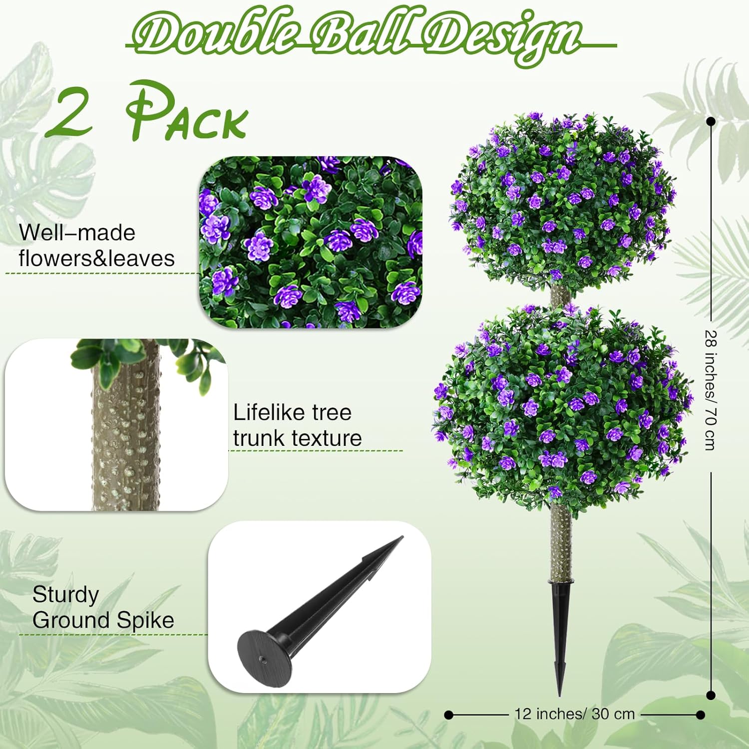 2 Pcs 36 in Artificial Boxwood Double Ball Fake Topiary Tree with Flowers Outdoor Plants, UV Resistance Faux Shrub Realistic Bush Greenery Potted for Indoor Garden Yard Porch Decor(Purple)
