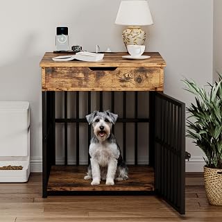 IRONCK Dog Crate Furniture for Small Dogs - Wooden End Table Kennel with Charging Station, Flip Top Drawer, Steel Frame, Rustic Brown 23.6"