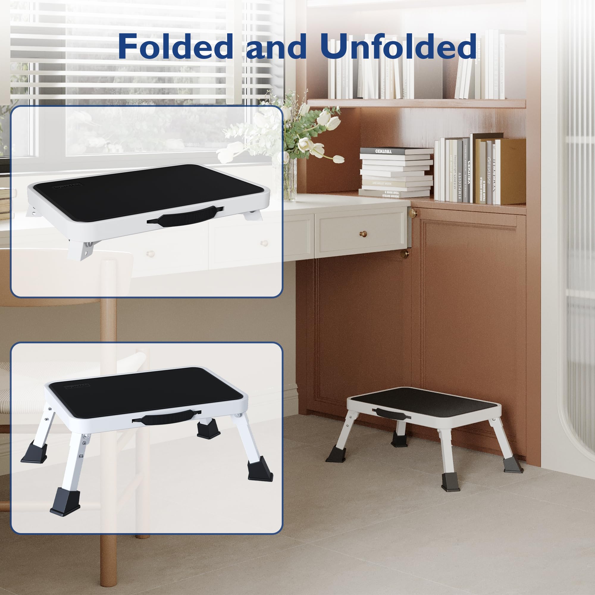 BONTEC Sgabello pieghevole, capacità di carico 150 kg, pedale largo antiscivolo, scala in metallo, maniglia portatile, piedini in gomma, design pieghevole, per camper, cucina, bagno, bianco