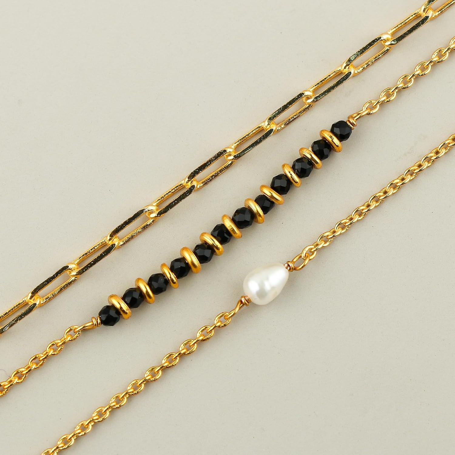 Beads With Pearl 3 Layered Necklaces for Women 14k Gold Plated Dainty Stackable Choker Necklaces for Women Trendy Layering, Cuban Link, Paperclip Chain, For Women Gifts