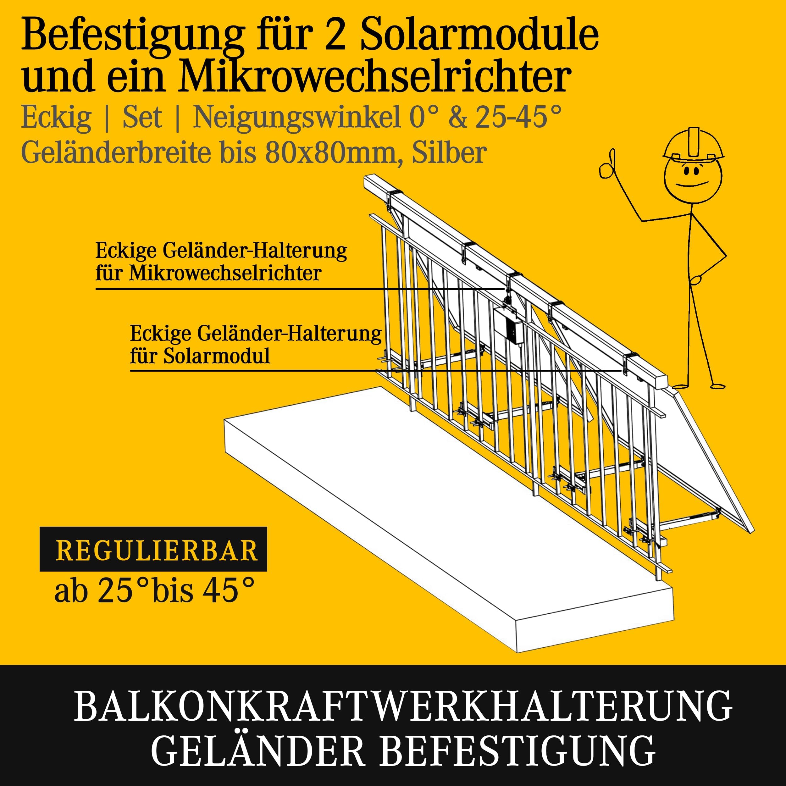 Balkonkraftwerk Halterung Geländer Befestigung für 2 Solarmodule und ein Wechselrichter Photovoltaik | ECKIG | Set | Neigungswinkel 0° & 25-45°| Durchmesser bis 80mm, Silber PV