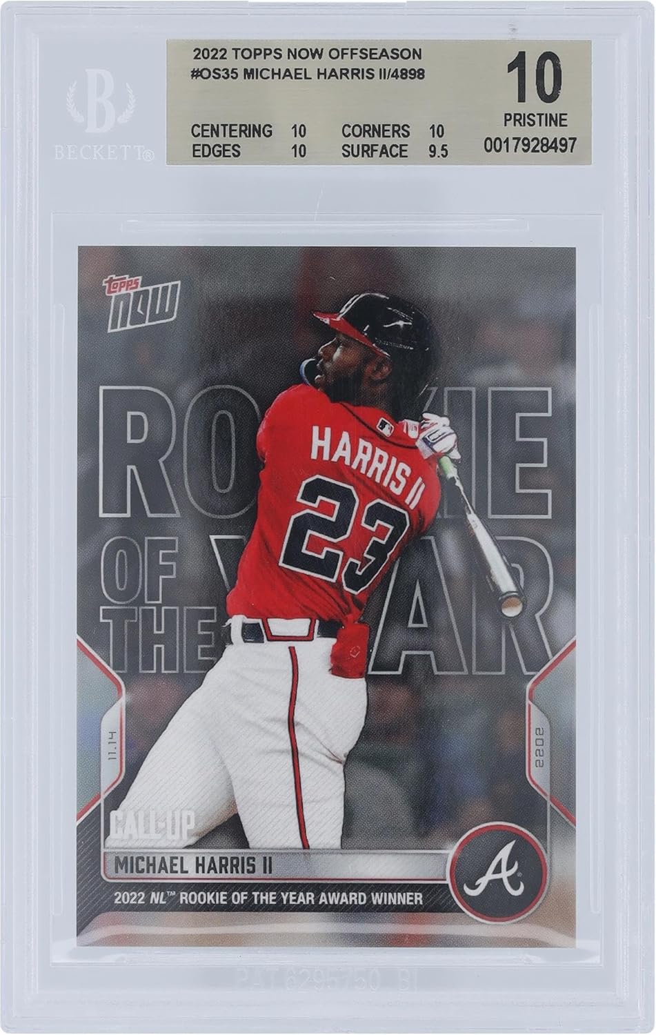 Michael Harris Atlanta Braves 2022 Topps Now 2022 NL Rookie of The Year Award Winner 11.14.2022#OS-35 BGS Authenticated 10 Card - 10,10,10,9.5 Subgrades - Baseball Slabbed Rookie Cards