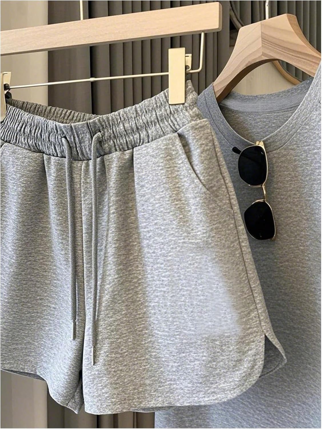 OYOANGLE Women's 2 Piece Lounge Set Raglan Short Sleeve Top and Drawstring Shorts Pajama Sets Workout Outfits - Image 3