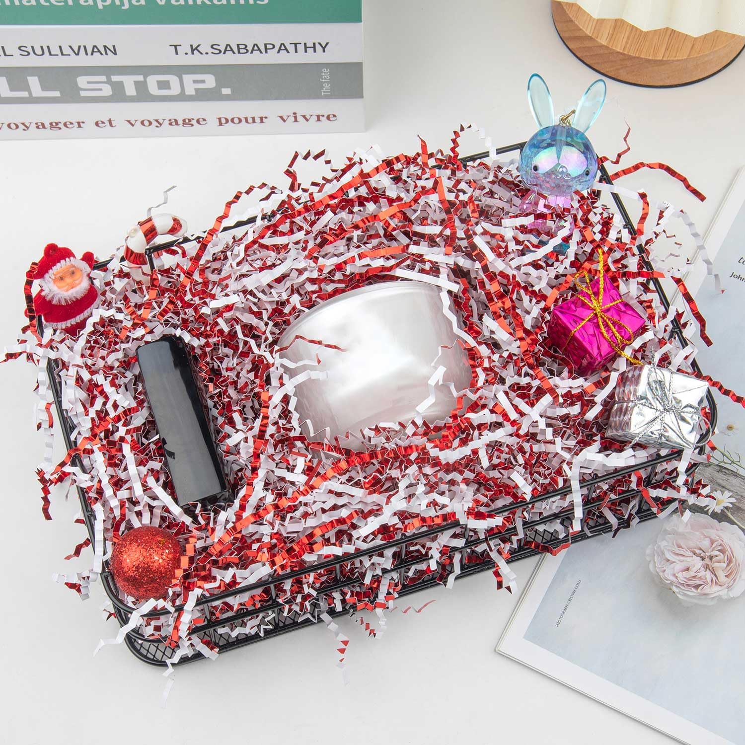 Caleihd 4.5oz Crinkle Cut Paper Shredded Filler Paper for Gift Baskets Gift Box Confetti Paper Shreds Decoration Stuffing for Birthday, Weddings, Anniversaries, Christmas Wrapping Red&White - Image 2