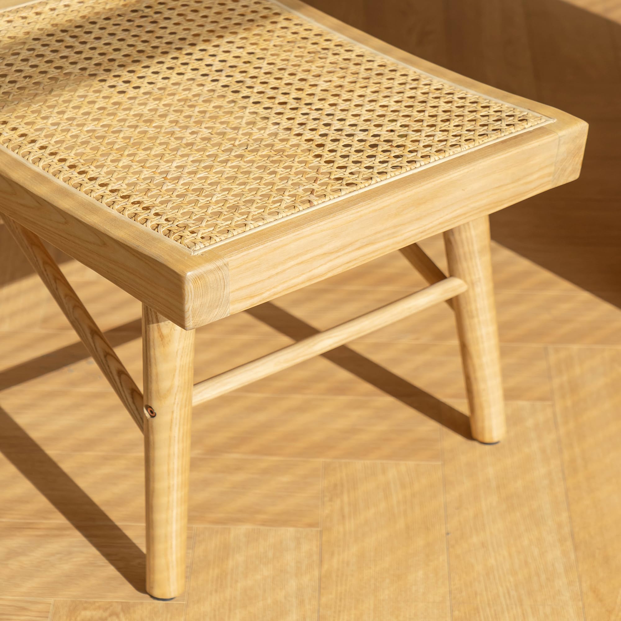 55" Modern Dining Bench, Solid Oak Wood Bench with Rattan Seat, Entryway Bench for Dining Room Table, Indoor Wooden Bench for Living Room, Bedroom, Easy Assembly, Natural Wood