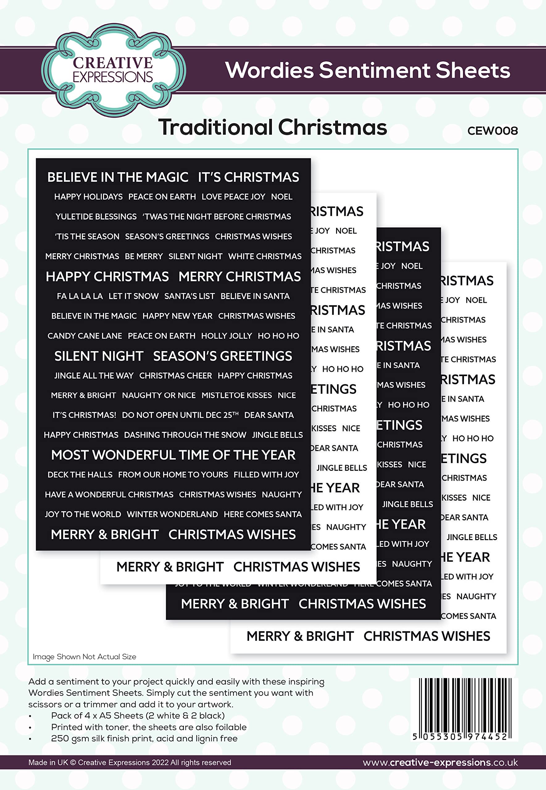 Creative ExpressionsWordies Sentiment Sheets-Traditional Christmas, Black and White, A5