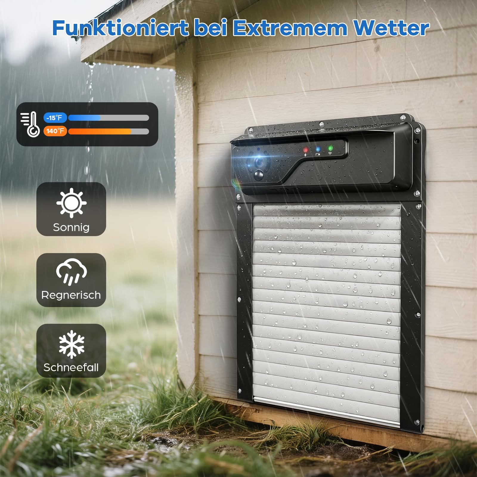 1080P Kamera Automatische Hühnerklappe Solar mit WiFi App Steuerung, Aluminum Hühnerklappe Automatisch mit Timer, Fernbedienung, Intelligenter Einklemmschutz Elektrische Hühnertür, Rolltor-Design