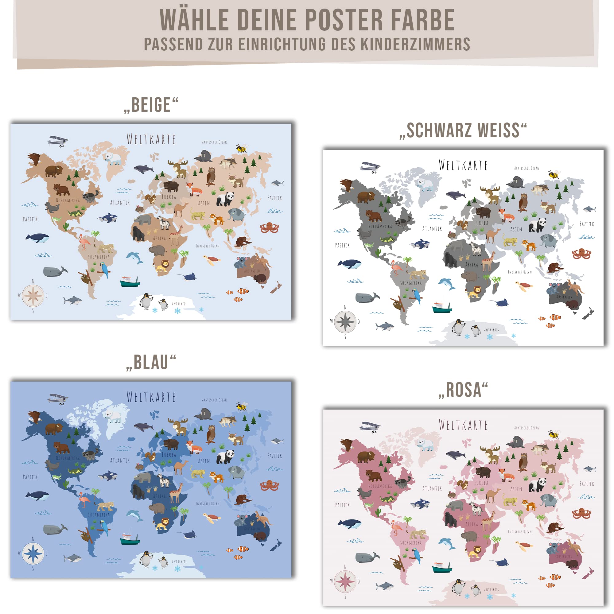Kinderzimmer Weltkarte Poster mit mehr als 50 Tieren I Bunte Tierweltkarte Wanddeko für Jungen und Mädchen I Hochwertiger Druck (Rosa, 60x40cm)