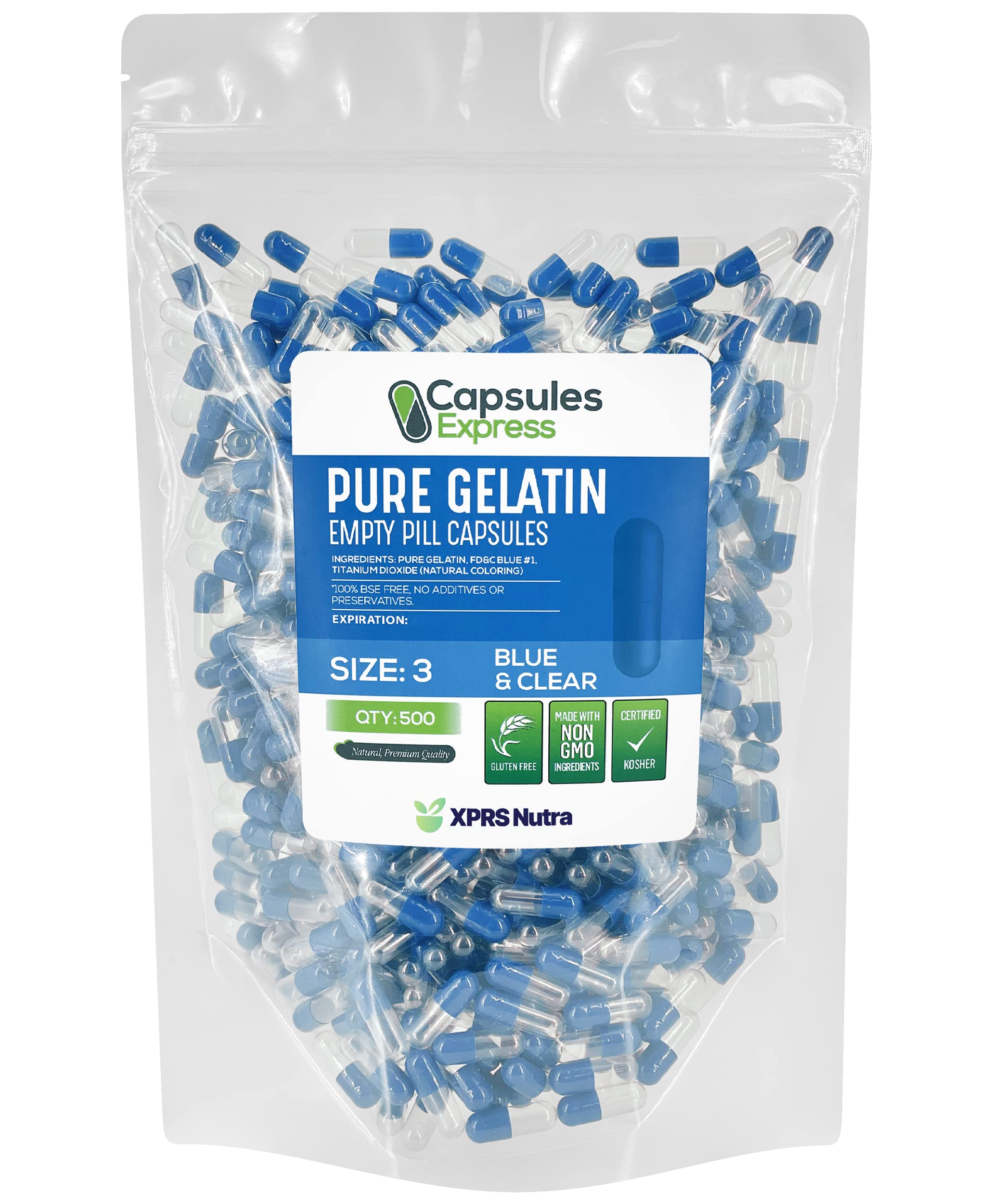 XPRS NutraSize 3 Empty Capsules - 500 Count Empty Gelatin Capsules - Empty Pill Capsules - DIY Capsule Filling - Pure Bovine Pill Capsules Empty Gel Caps (Blue/Clear)