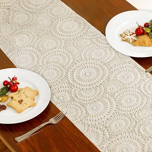 Miniatura 5 de Camino de mesa navideño: Camino de mesa bohemio blanco con patrones florales, caminos de granja de felpa de piel sintética para el hogar, cocina,