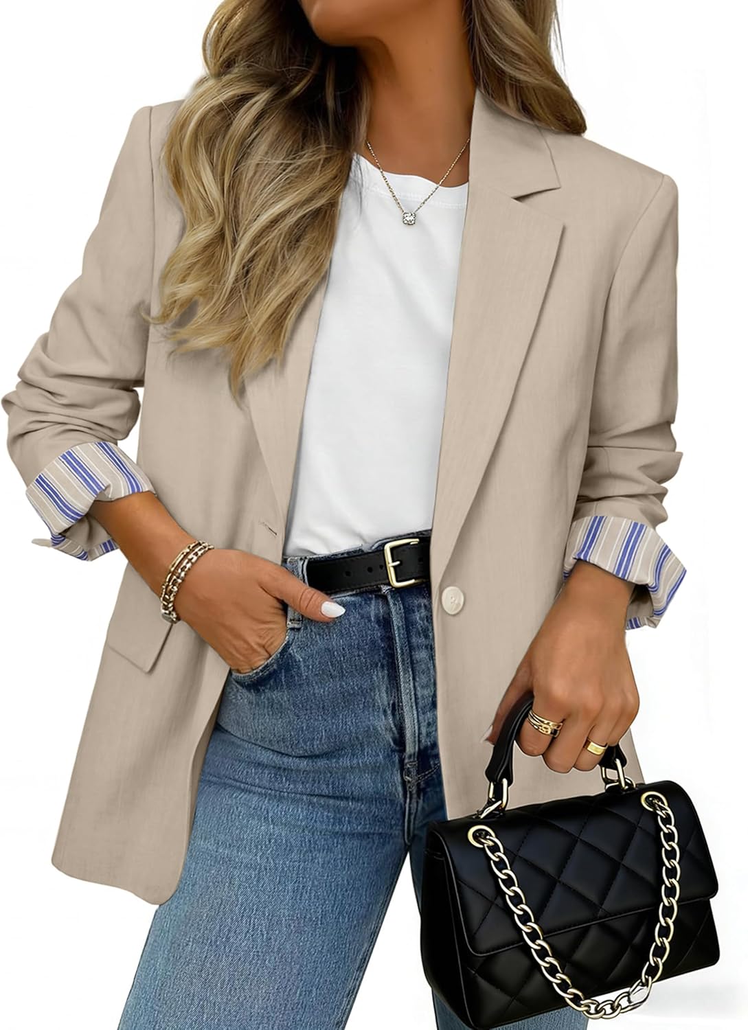 Simplee Blazer for Women Casual Long Sleeve Work Business Blazers Striped Cuff Suit Jacket with Pockets 2026
