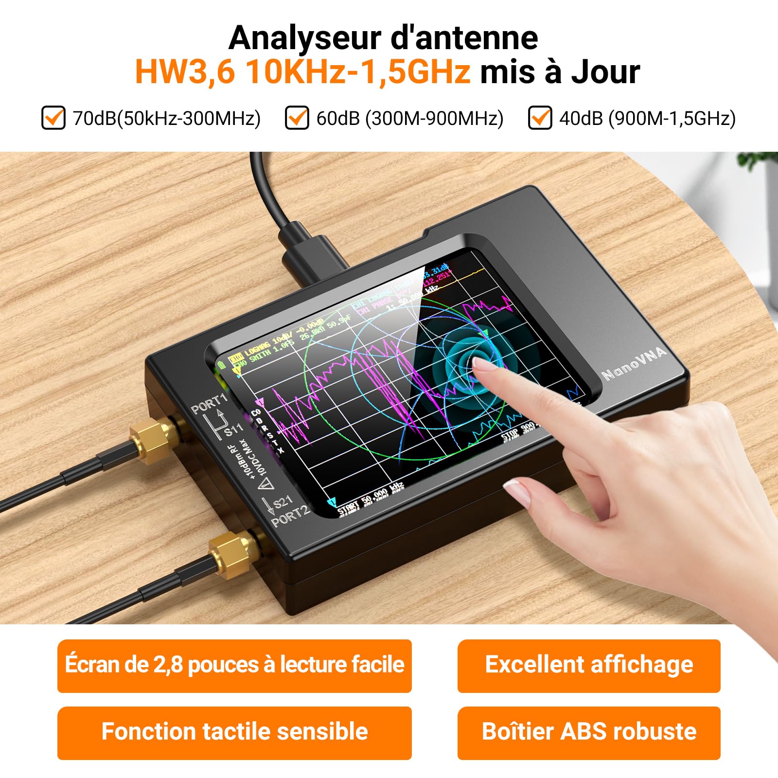 Elikliv NanoVNA-H Analyseur de Réseau Vectoriel, Analyseur d'antenne 10KHz-1,5GHz Dernière Version HW 3,6 HF VHF UHF pour Paramètres S, VSWR et Analyse de Crête, Phase, Retard et Diagramme Smith