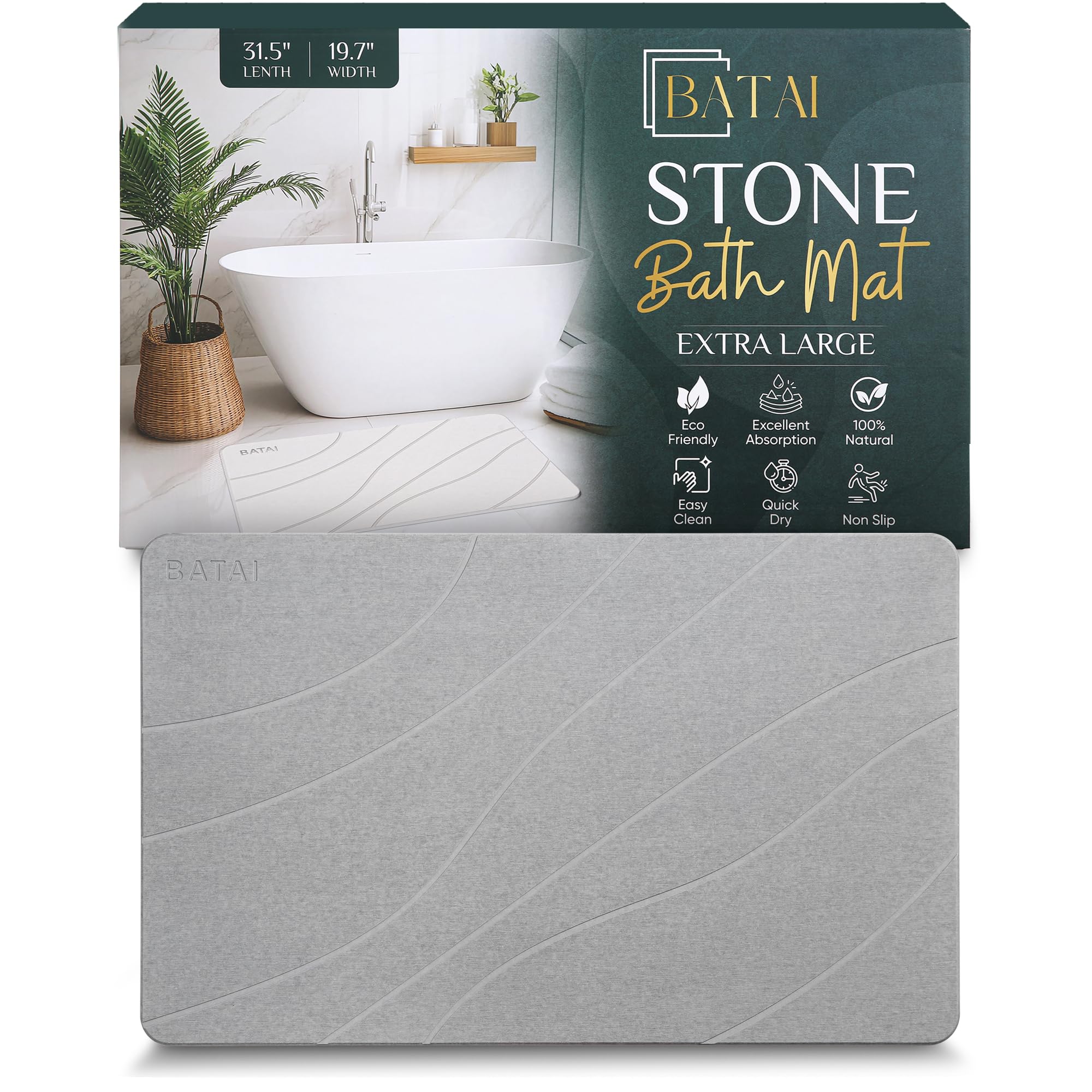 Extra Large Stone Bath Mat - (31.5” x 19.7”) - Absorbent Diatomaceous Earth Stone Bath Mat Large - Non-Slip Diatomite Bathmat - Easy Clean and Quick Drying - Long Instant Dry Bathmat - Light Gray XL