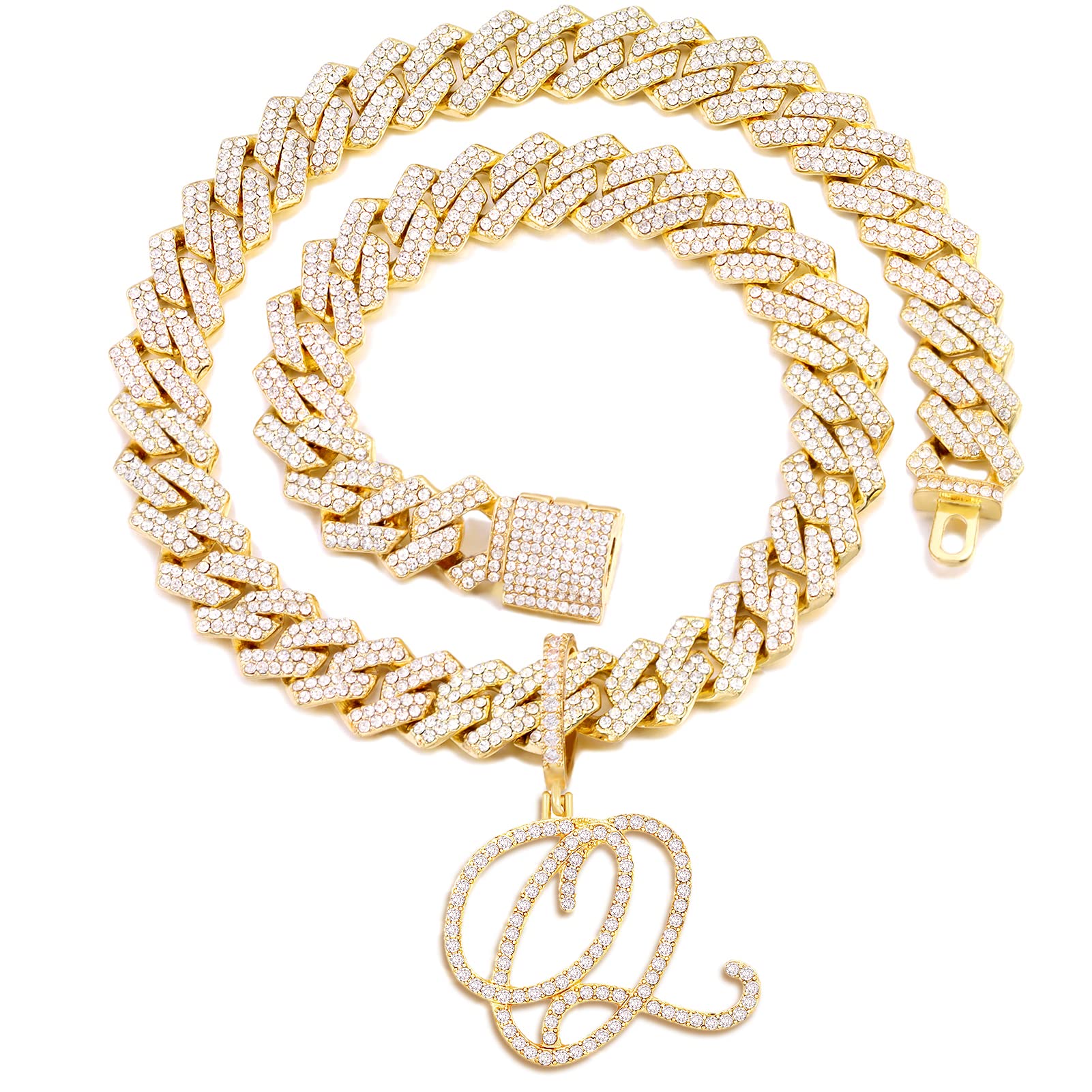 PTJDSMFGold Silver Plated Initial Cuban Link Chain Necklace for Women Cursive Letter Gold Miami cuban link chain Iced out chain with pendant for women