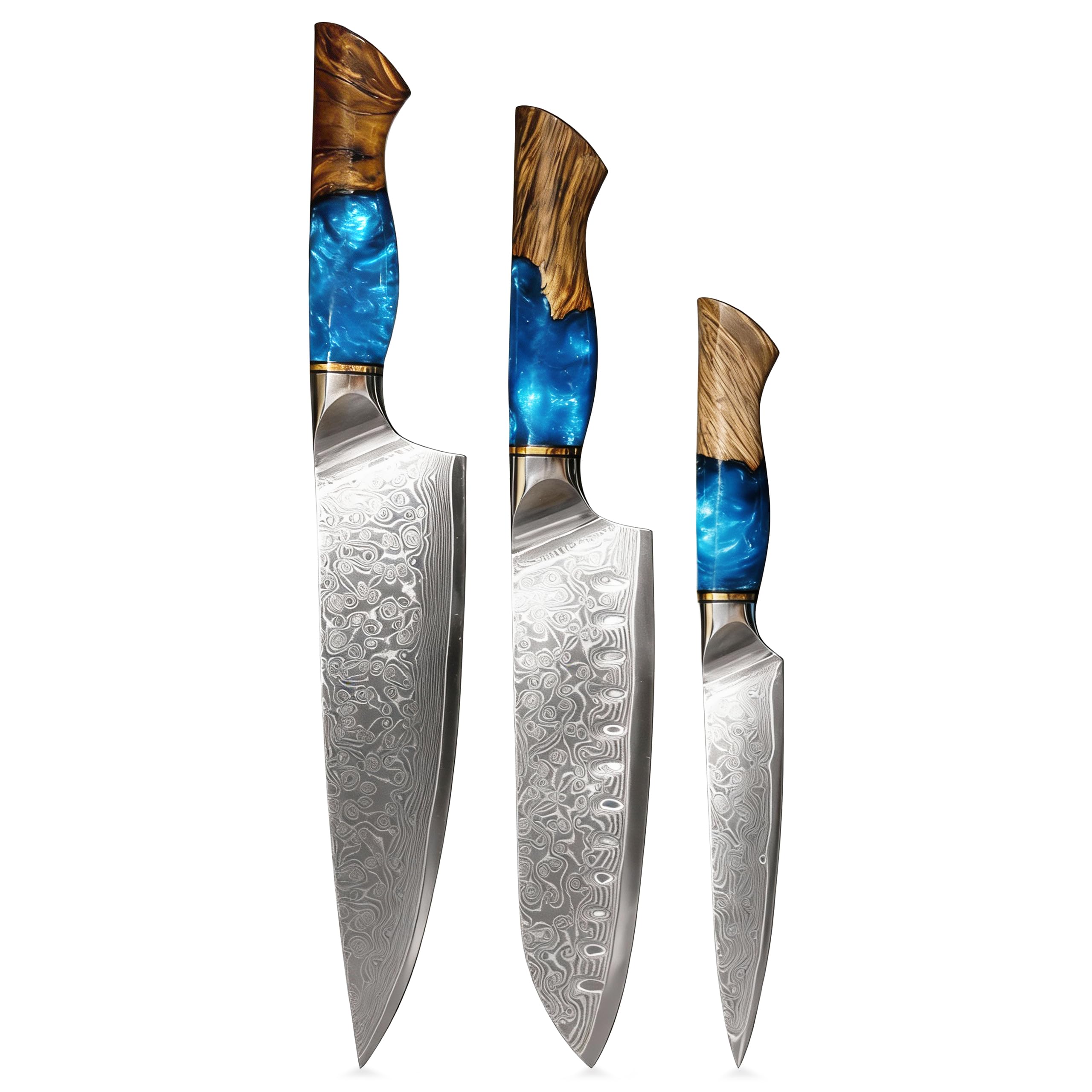 Seveat Damascus Kitchen Knife, Professional Chef Knives for Kitchen (Blue, 3-Piece Set)