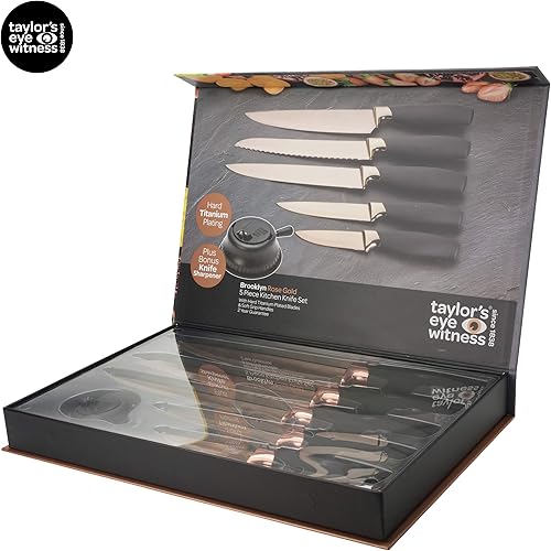 Miniatura 6 de Taylors Eye Witness Juego de 5 cuchillos de cocina de regalo  Brooklyn Rose Gold Color Bolsters, cuchillas afiladas recubiertas de titanio a juego.