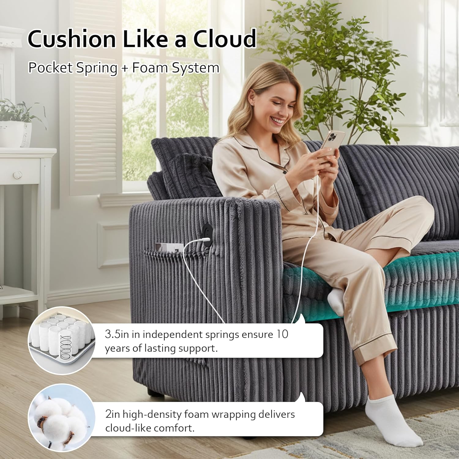 65in Sleeper Sofa Bed, Convertible Pull Out Couch with Small Table| USB Port | Cup Holder | Corduroy Fabric | Adjustable Backrest for Apartment, Office, Bedroom, Guest Room (AshGrey)