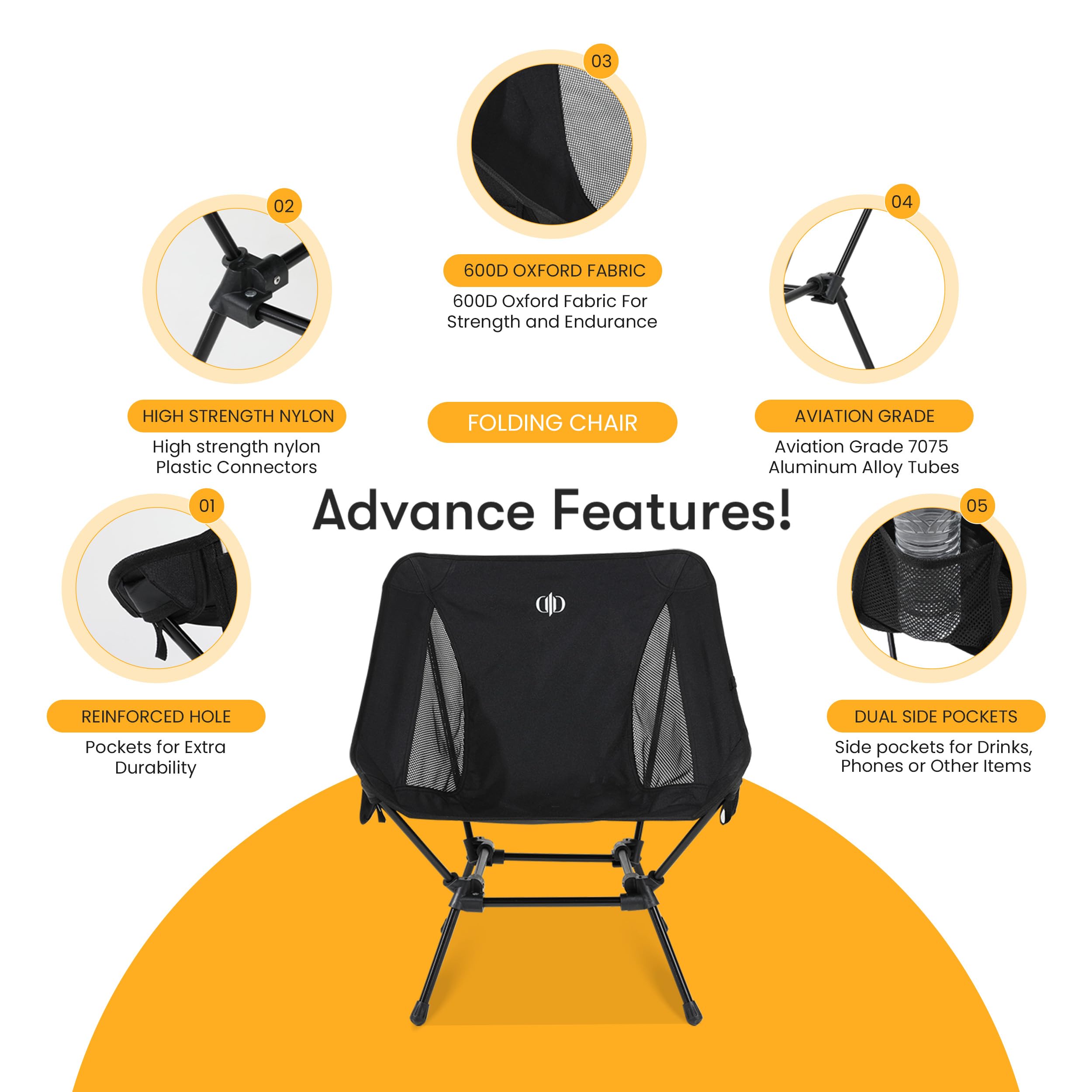 D-LO Ultralight Camping Chair - Black - Upgraded Dual Pocket - High Strength 600D Oxford Fabric - 7075 Aluminum Alloy - Great for Camping, Hiking, Lounging