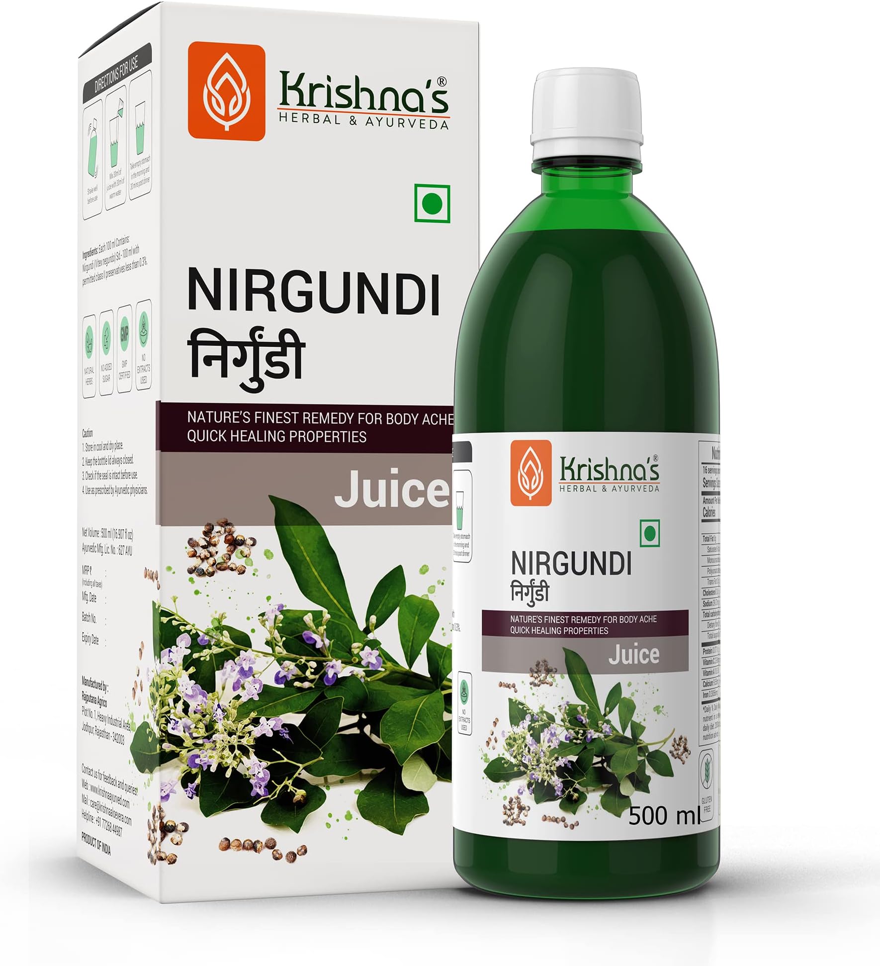 Krishna's Nirgundi Swaras - 500 ml | Natural Pain Reliever | Supports Joint and Bone Health