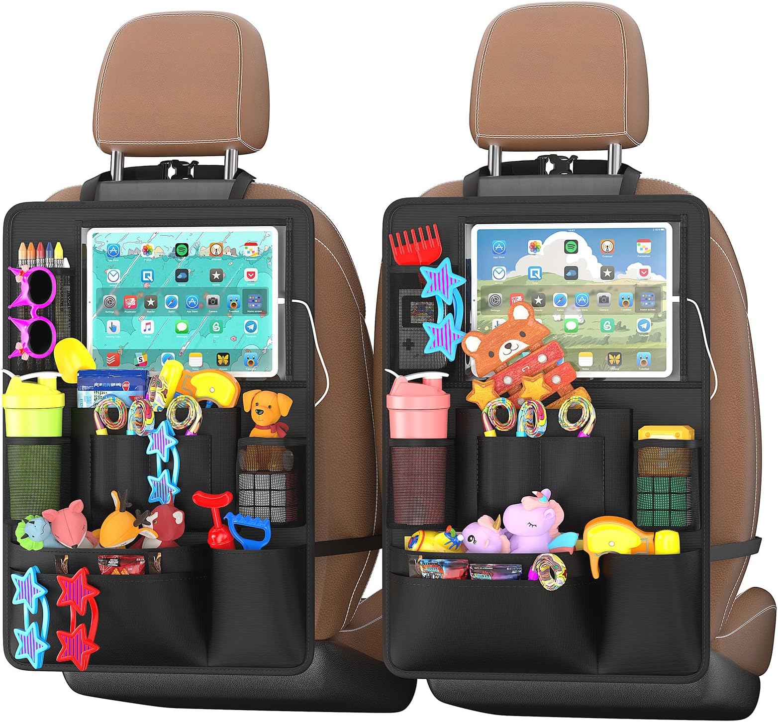 Backseat Car Organizer with Touch Screen,Kick Mats Back Seat Protector with 10 Storage Pockets,Car Seat Back Organizers Storage for Snacks Drinks Toy Umbrellas for Kids Road Trip