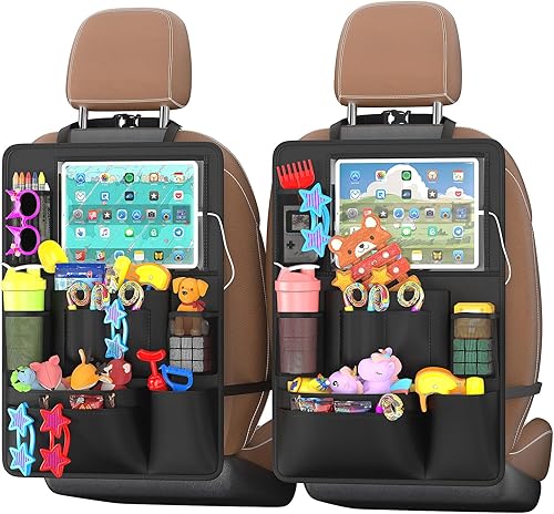 Miniatura 10 de Organizador de asiento trasero de automóvil con pantalla táctil, paquete de 2 alfombrillas protectoras de asiento trasero con 10 bolsillos