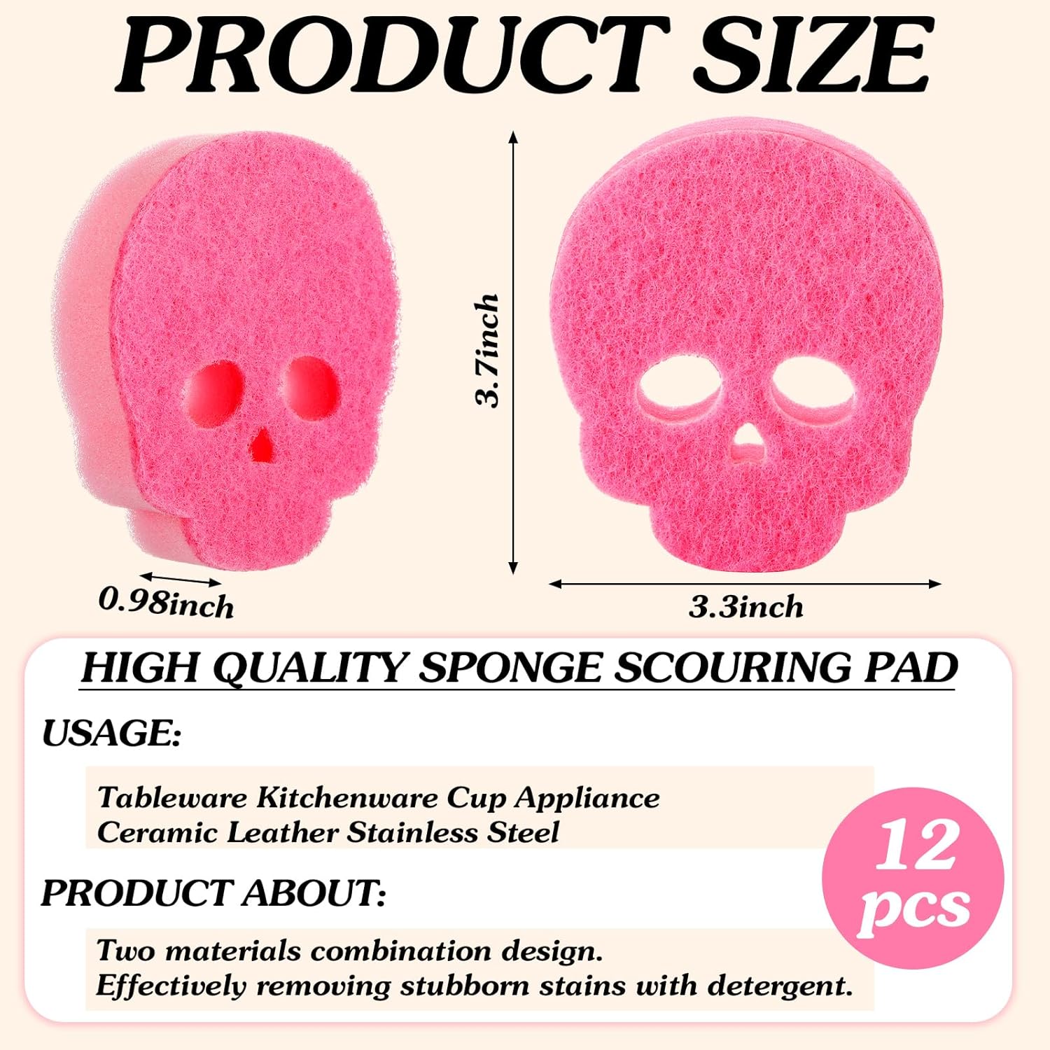 Tioncy 12 Pack Skull Kitchen Sponges Bulk Gothic Dual Sided Scrubber Pink Black White Skull Sponges Reuseble Non Scratch Dishwashing Kitchen Cleaning Accessories for Cookware Pot Boiler Pan Household