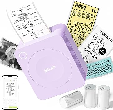 Nelko Mini Sticker Printer, PM230 Print Pod with 3 Rolls of Paper, Purple | Bluetooth Portable Sticker Printer, Smart AI App & Multiple Templates for Phone & Tablet, Ideal for School, Home & Office