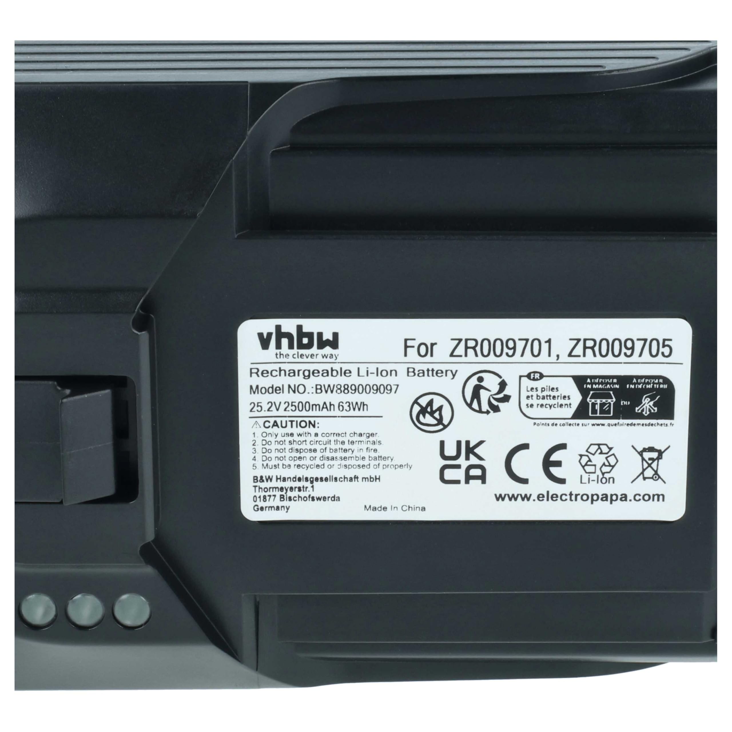 vhbw batteria compatibile con Rowenta RH98A7WO/4Q2, RH98A7WO/4Q3, RH98A8, RH98A8WO/4Q0, RH98A8WO/4Q2 home cleaner (2,5Ah, 25,2V, Li-Ion)