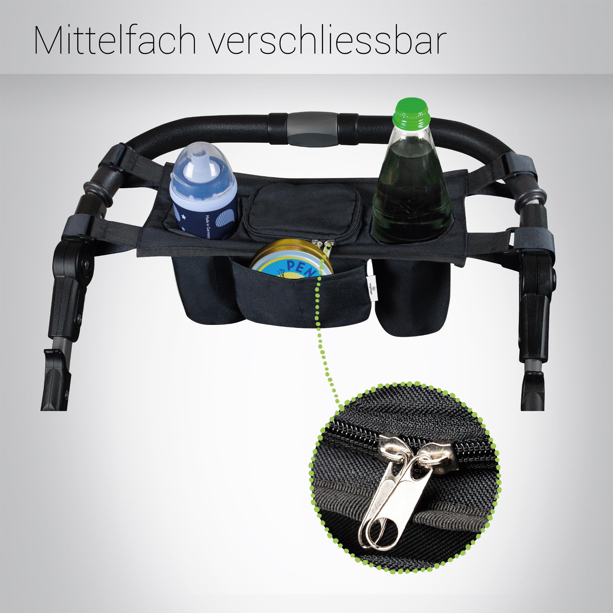Bergsteiger Kinderwagen Organizer Basic großes Mittelfach universal | Leichtes Zubehör mit einfacher Handhabung und zwei Getränkehaltern dank Klettverschluss passend für alle Buggys