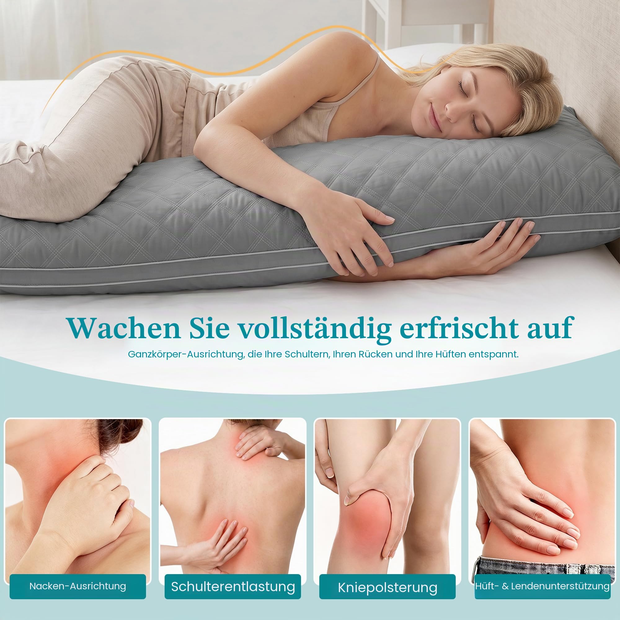 Oubonun Premium Seitenschläferkissen 53 x 137 cm – Langes Körperkissen mit anpassbarer Füllung – Gestepptes Body Pillow mit formstabiler Polyesterfüllung – Schlafkissen für Seitenschläfer