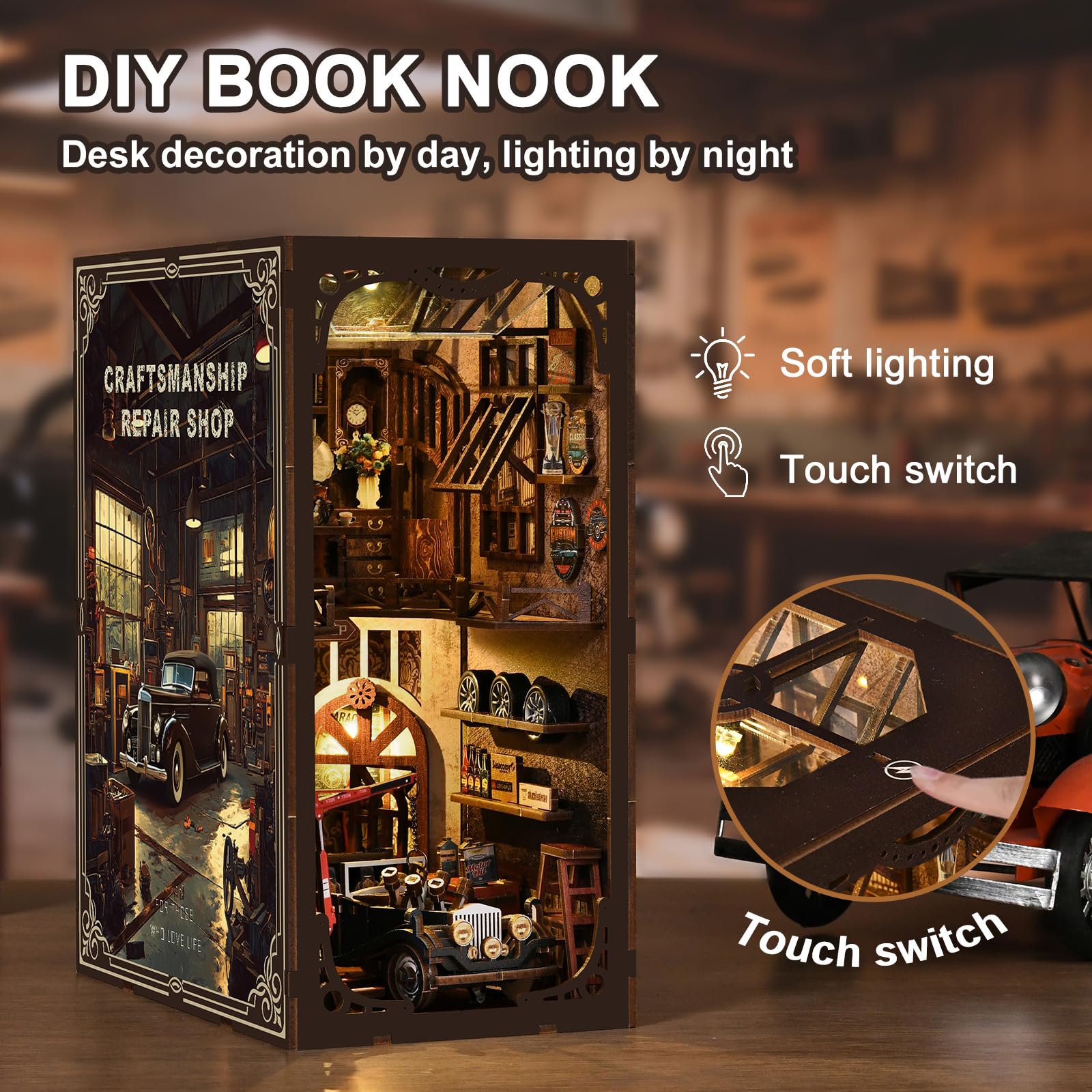 Book Nook Kits - warsztat samochodowy dla dorosłych - DIY miniaturowa wkładka z lampkami LED, kreatywne zestawy do rękodzieła dla dorosłych